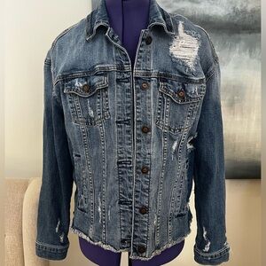 Hollister Denim Jacket Women's Blue Long Sleeve Button Down Distressed Sz Small